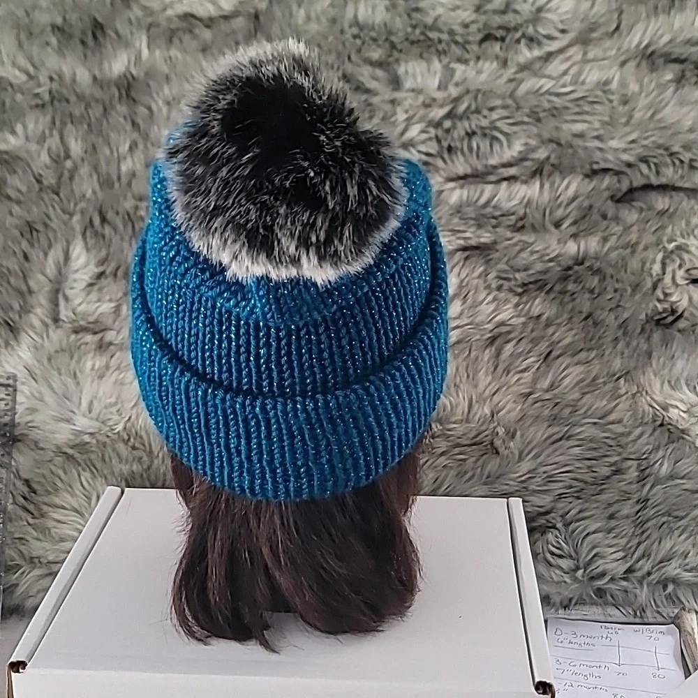 Blue Knit Beanie with Pom Pom